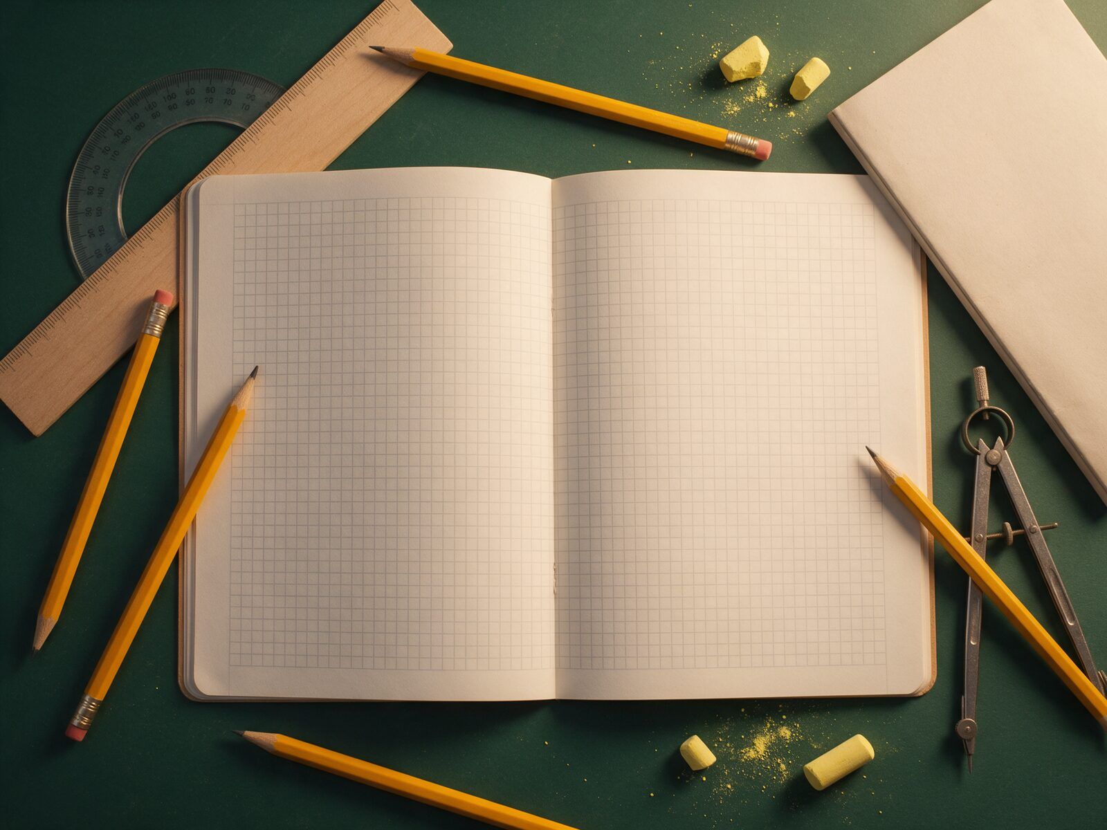 Yeşil masa üstünde kareli defter, sarı kurşun kalemler, cetvel, iletki, pergel ve tebeşir